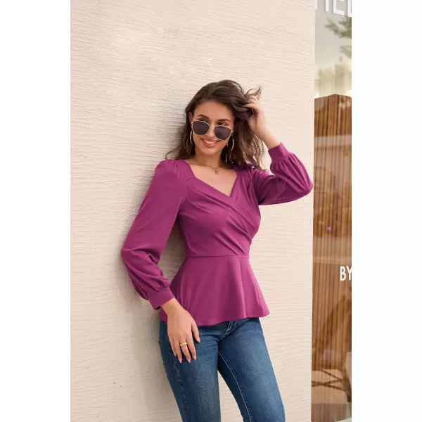 GRACE KARIN Women Wrap Tops Puff Sleeve Peplum Top Elegant V Neck Summer Tops Fitted BlouseRose Red044