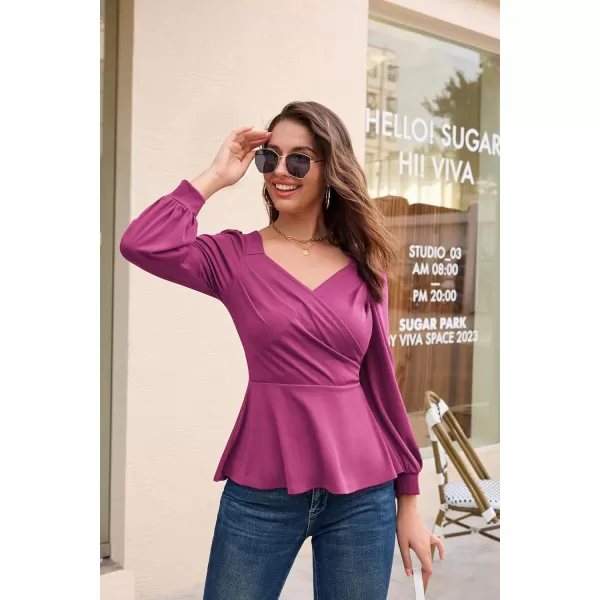 GRACE KARIN Women Wrap Tops Puff Sleeve Peplum Top Elegant V Neck Summer Tops Fitted BlouseRose Red044