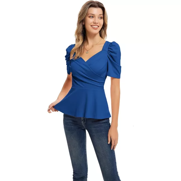 GRACE KARIN Women Wrap Tops Puff Sleeve Peplum Top Elegant V Neck Summer Tops Fitted BlouseRoyal Blue