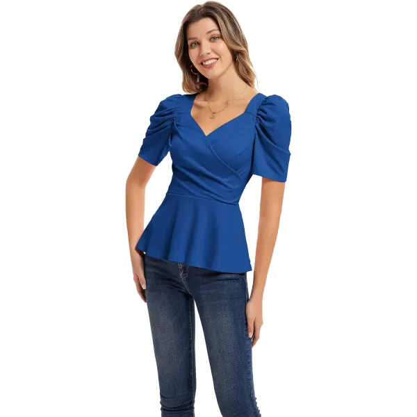 GRACE KARIN Women Wrap Tops Puff Sleeve Peplum Top Elegant V Neck Summer Tops Fitted BlouseRoyal Blue