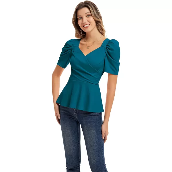 GRACE KARIN Women Wrap Tops Puff Sleeve Peplum Top Elegant V Neck Summer Tops Fitted BlouseTeal Blue