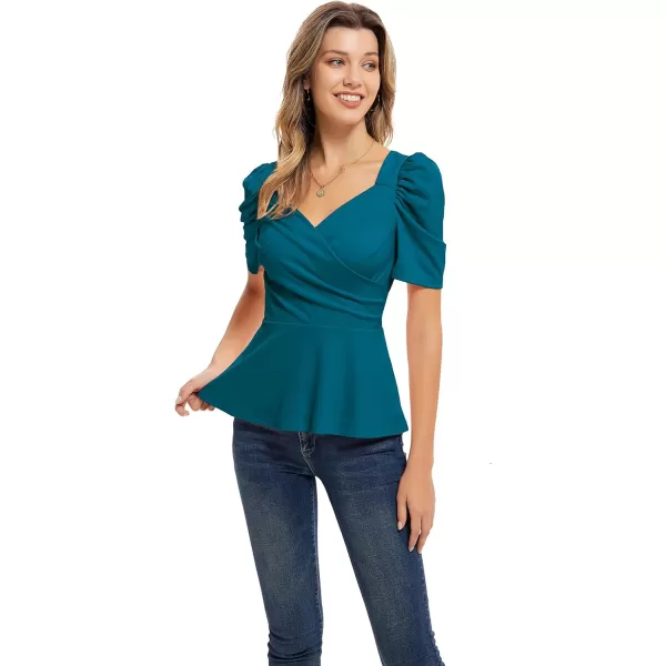 GRACE KARIN Women Wrap Tops Puff Sleeve Peplum Top Elegant V Neck Summer Tops Fitted BlouseTeal Blue