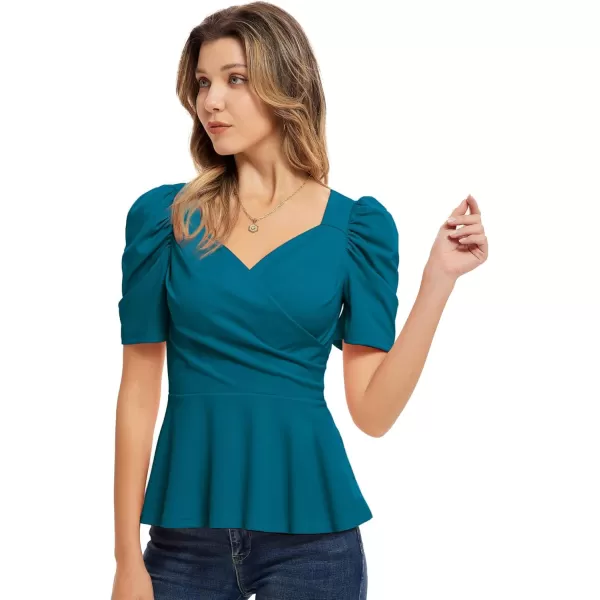 GRACE KARIN Women Wrap Tops Puff Sleeve Peplum Top Elegant V Neck Summer Tops Fitted BlouseTeal Blue