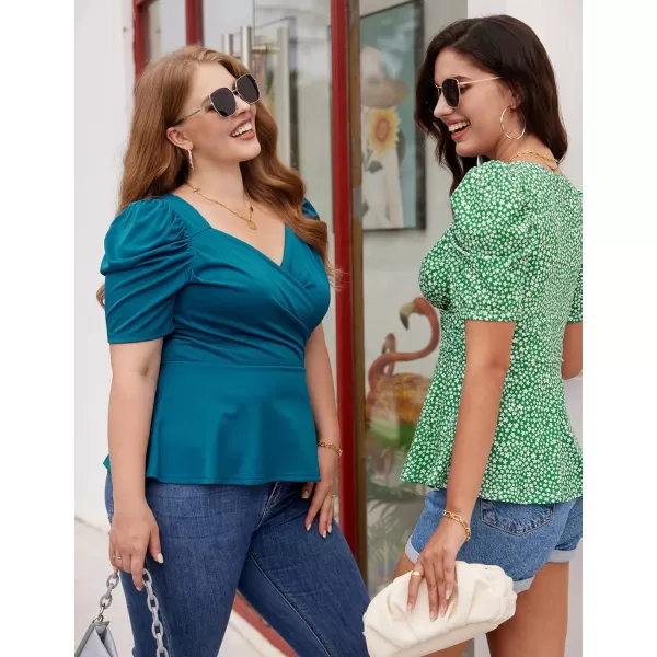 GRACE KARIN Women Wrap Tops Puff Sleeve Peplum Top Elegant V Neck Summer Tops Fitted BlouseTeal Blue