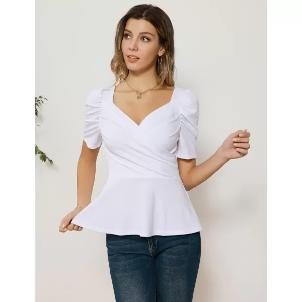 GRACE KARIN Women Wrap Tops Puff Sleeve Peplum Top Elegant V Neck Summer Tops Fitted BlouseWhite