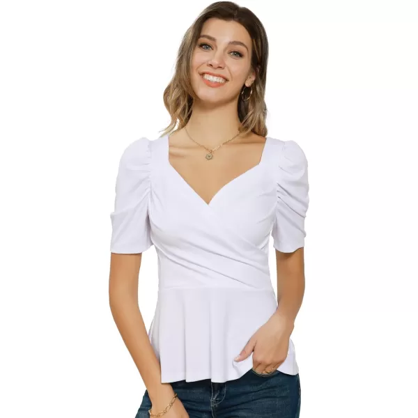 GRACE KARIN Women Wrap Tops Puff Sleeve Peplum Top Elegant V Neck Summer Tops Fitted BlouseWhite