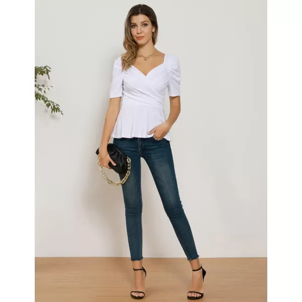 GRACE KARIN Women Wrap Tops Puff Sleeve Peplum Top Elegant V Neck Summer Tops Fitted BlouseWhite