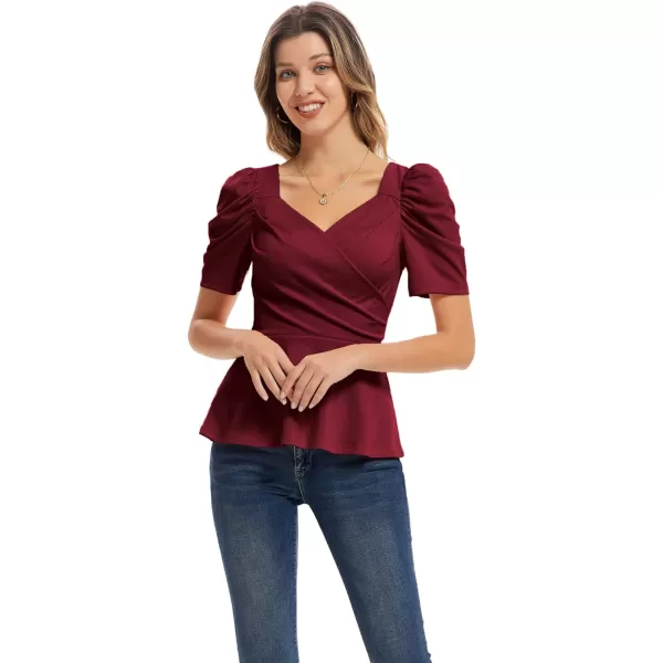 GRACE KARIN Women Wrap Tops Puff Sleeve Peplum Top Elegant V Neck Summer Tops Fitted BlouseWine Red