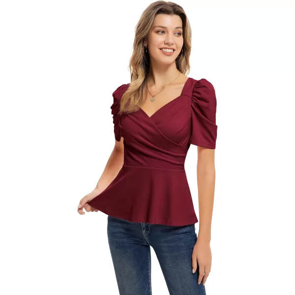 GRACE KARIN Women Wrap Tops Puff Sleeve Peplum Top Elegant V Neck Summer Tops Fitted BlouseWine Red