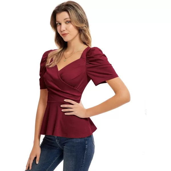 GRACE KARIN Women Wrap Tops Puff Sleeve Peplum Top Elegant V Neck Summer Tops Fitted BlouseWine Red