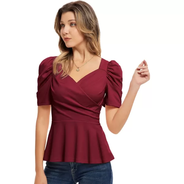 GRACE KARIN Women Wrap Tops Puff Sleeve Peplum Top Elegant V Neck Summer Tops Fitted BlouseWine Red