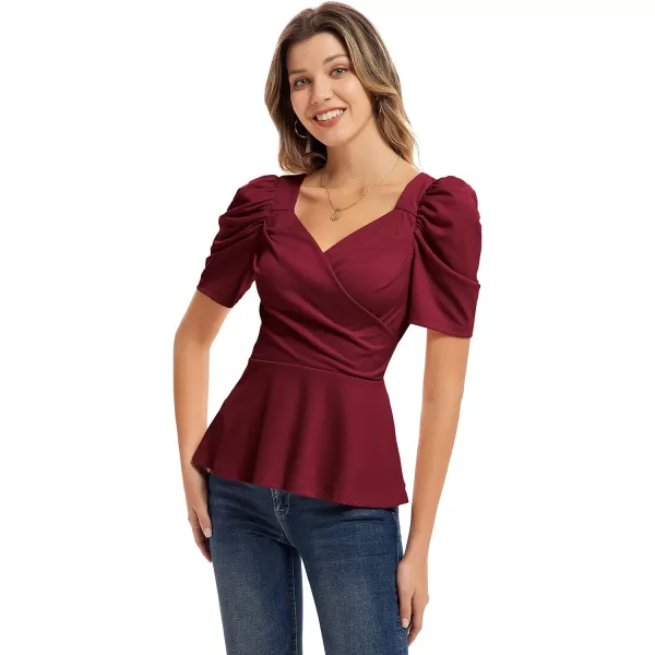 GRACE KARIN Women Wrap Tops Puff Sleeve Peplum Top Elegant V Neck Summer Tops Fitted BlouseWine Red