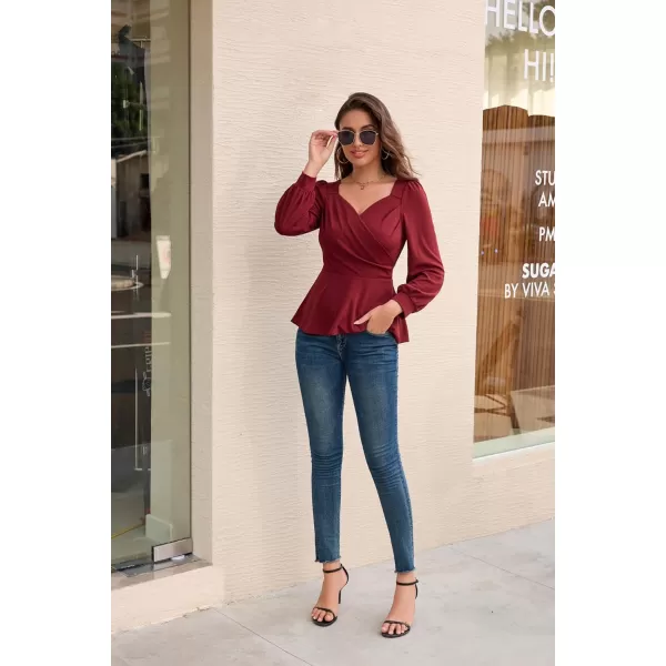 GRACE KARIN Women Wrap Tops Puff Sleeve Peplum Top Elegant V Neck Summer Tops Fitted BlouseWine Red044