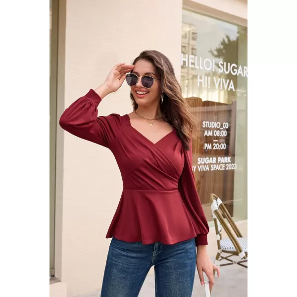 GRACE KARIN Women Wrap Tops Puff Sleeve Peplum Top Elegant V Neck Summer Tops Fitted BlouseWine Red044