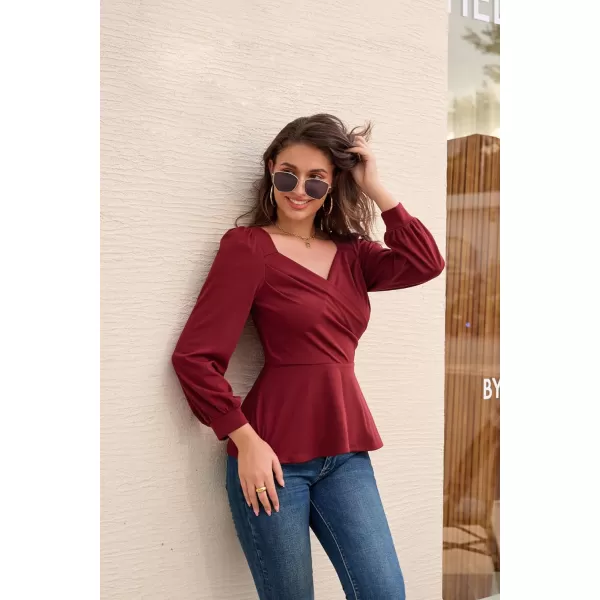 GRACE KARIN Women Wrap Tops Puff Sleeve Peplum Top Elegant V Neck Summer Tops Fitted BlouseWine Red044