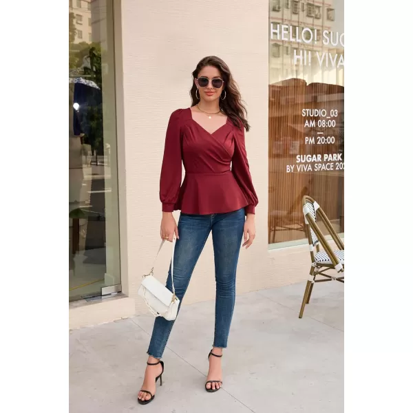 GRACE KARIN Women Wrap Tops Puff Sleeve Peplum Top Elegant V Neck Summer Tops Fitted BlouseWine Red044