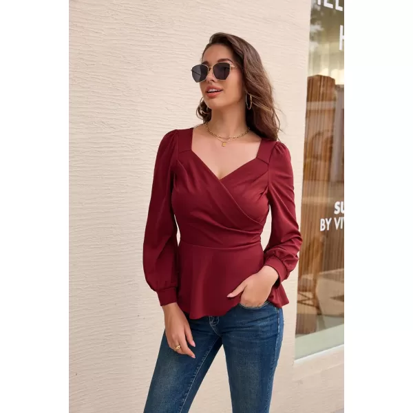 GRACE KARIN Women Wrap Tops Puff Sleeve Peplum Top Elegant V Neck Summer Tops Fitted BlouseWine Red044