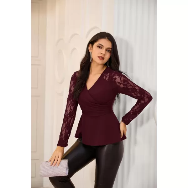 GRACE KARIN Women Wrap Tops Puff Sleeve Peplum Top Elegant V Neck Summer Tops Fitted BlouseWine Red2467