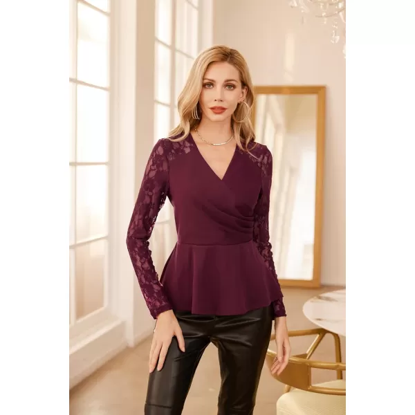 GRACE KARIN Women Wrap Tops Puff Sleeve Peplum Top Elegant V Neck Summer Tops Fitted BlouseWine Red2467