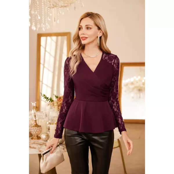 GRACE KARIN Women Wrap Tops Puff Sleeve Peplum Top Elegant V Neck Summer Tops Fitted BlouseWine Red2467