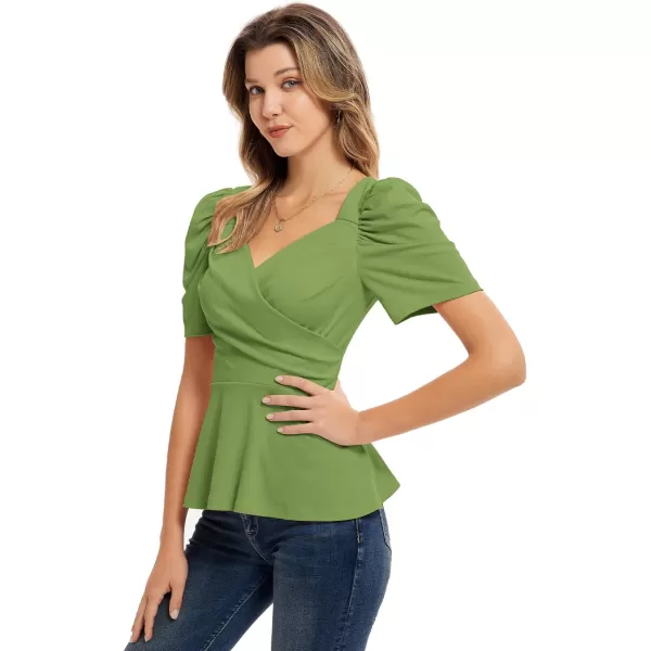 GRACE KARIN Women Wrap Tops Puff Sleeve Peplum Top Elegant V Neck Summer Tops Fitted BlouseYellow Green