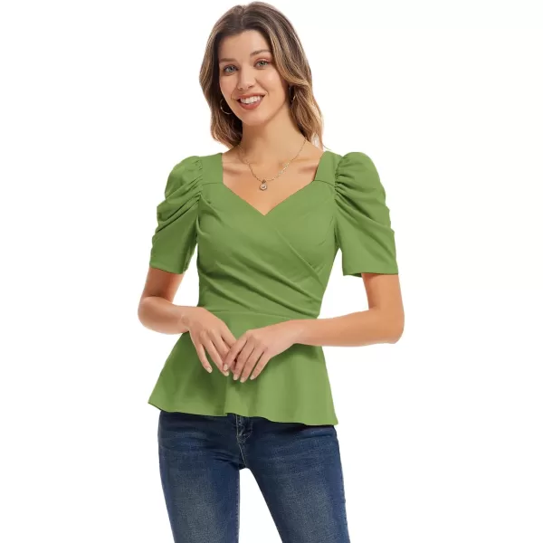 GRACE KARIN Women Wrap Tops Puff Sleeve Peplum Top Elegant V Neck Summer Tops Fitted BlouseYellow Green