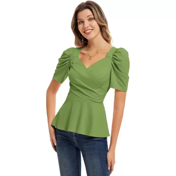 GRACE KARIN Women Wrap Tops Puff Sleeve Peplum Top Elegant V Neck Summer Tops Fitted BlouseYellow Green