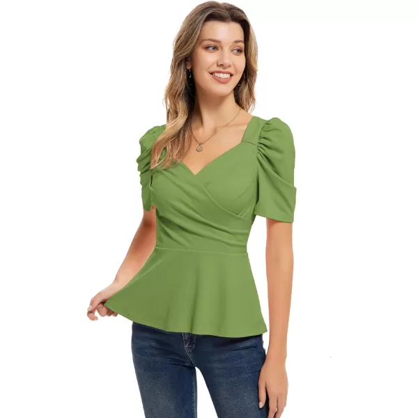 GRACE KARIN Women Wrap Tops Puff Sleeve Peplum Top Elegant V Neck Summer Tops Fitted BlouseYellow Green