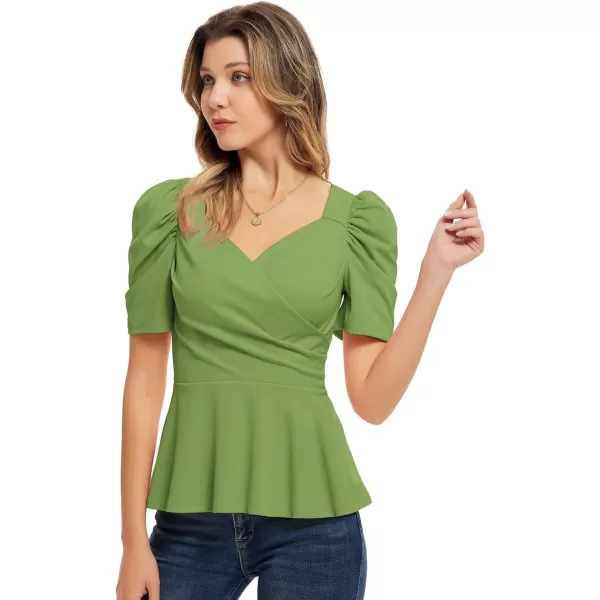 GRACE KARIN Women Wrap Tops Puff Sleeve Peplum Top Elegant V Neck Summer Tops Fitted BlouseYellow Green