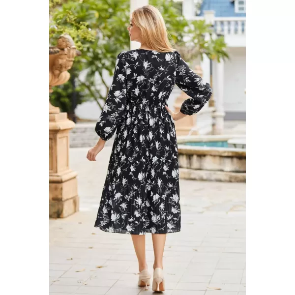 GRACE KARIN Womens 2023 Boho Floral Maxi Dress V Neck Long Sleeve Casual Ruffle Smocked Aline Pleated Flowy Beach DressBlack Floral