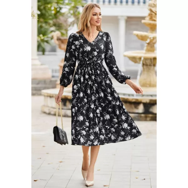 GRACE KARIN Womens 2023 Boho Floral Maxi Dress V Neck Long Sleeve Casual Ruffle Smocked Aline Pleated Flowy Beach DressBlack Floral