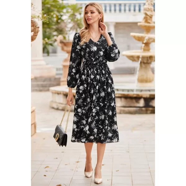 GRACE KARIN Womens 2023 Boho Floral Maxi Dress V Neck Long Sleeve Casual Ruffle Smocked Aline Pleated Flowy Beach DressBlack Floral