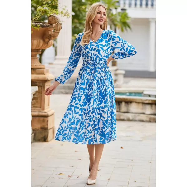 GRACE KARIN Womens 2023 Boho Floral Maxi Dress V Neck Long Sleeve Casual Ruffle Smocked Aline Pleated Flowy Beach DressBlue Floral