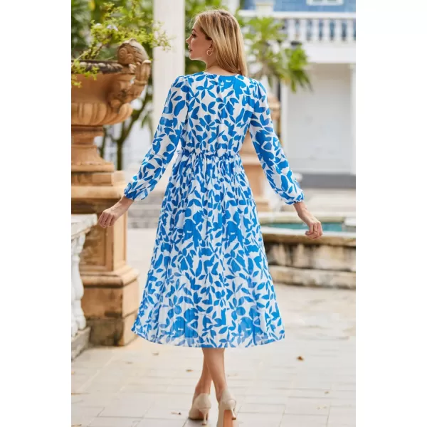 GRACE KARIN Womens 2023 Boho Floral Maxi Dress V Neck Long Sleeve Casual Ruffle Smocked Aline Pleated Flowy Beach DressBlue Floral