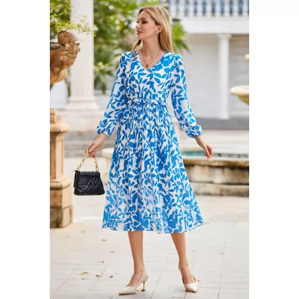 GRACE KARIN Womens 2023 Boho Floral Maxi Dress V Neck Long Sleeve Casual Ruffle Smocked Aline Pleated Flowy Beach DressBlue Floral