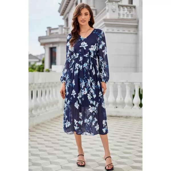 GRACE KARIN Womens 2023 Boho Floral Maxi Dress V Neck Long Sleeve Casual Ruffle Smocked Aline Pleated Flowy Beach DressBlue White