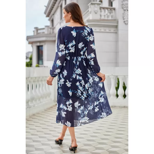 GRACE KARIN Womens 2023 Boho Floral Maxi Dress V Neck Long Sleeve Casual Ruffle Smocked Aline Pleated Flowy Beach DressBlue White