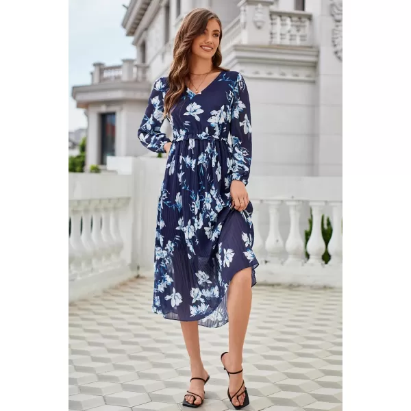 GRACE KARIN Womens 2023 Boho Floral Maxi Dress V Neck Long Sleeve Casual Ruffle Smocked Aline Pleated Flowy Beach DressBlue White