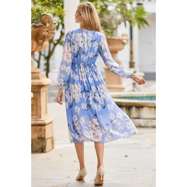 GRACE KARIN Womens 2023 Boho Floral Maxi Dress V Neck Long Sleeve Casual Ruffle Smocked Aline Pleated Flowy Beach DressLight Blue Floral