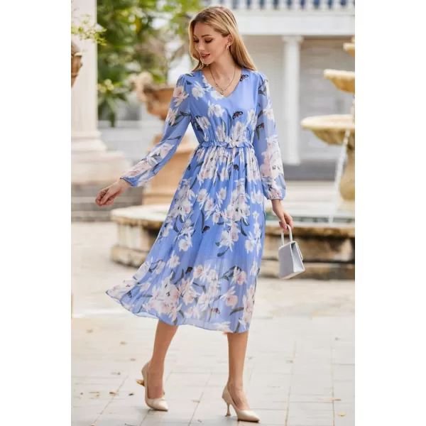 GRACE KARIN Womens 2023 Boho Floral Maxi Dress V Neck Long Sleeve Casual Ruffle Smocked Aline Pleated Flowy Beach DressLight Blue Floral