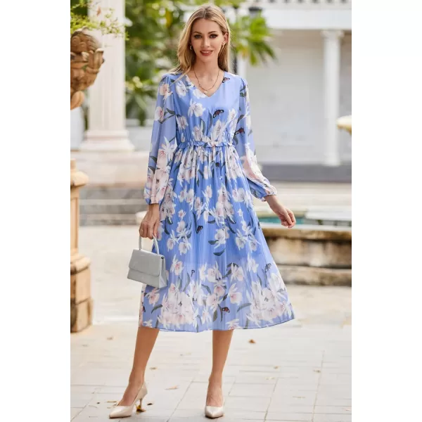 GRACE KARIN Womens 2023 Boho Floral Maxi Dress V Neck Long Sleeve Casual Ruffle Smocked Aline Pleated Flowy Beach DressLight Blue Floral