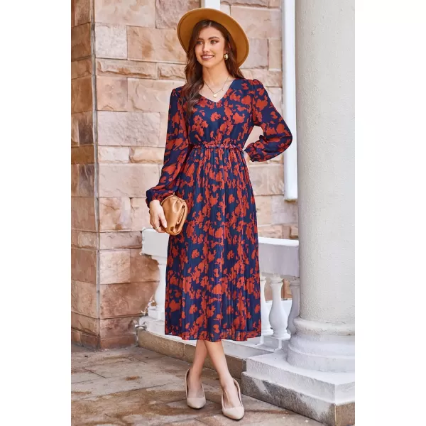 GRACE KARIN Womens 2023 Boho Floral Maxi Dress V Neck Long Sleeve Casual Ruffle Smocked Aline Pleated Flowy Beach DressNavy Blue