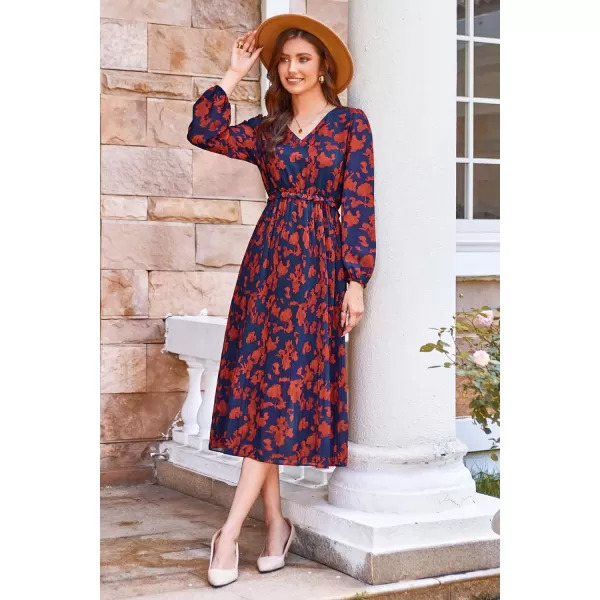 GRACE KARIN Womens 2023 Boho Floral Maxi Dress V Neck Long Sleeve Casual Ruffle Smocked Aline Pleated Flowy Beach DressNavy Blue