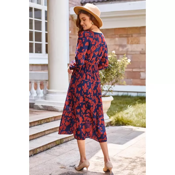 GRACE KARIN Womens 2023 Boho Floral Maxi Dress V Neck Long Sleeve Casual Ruffle Smocked Aline Pleated Flowy Beach DressNavy Blue