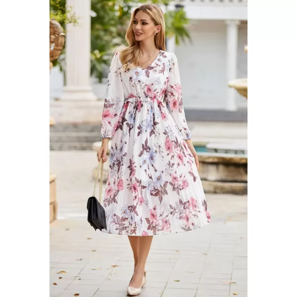 GRACE KARIN Womens 2023 Boho Floral Maxi Dress V Neck Long Sleeve Casual Ruffle Smocked Aline Pleated Flowy Beach DressWhite Floral