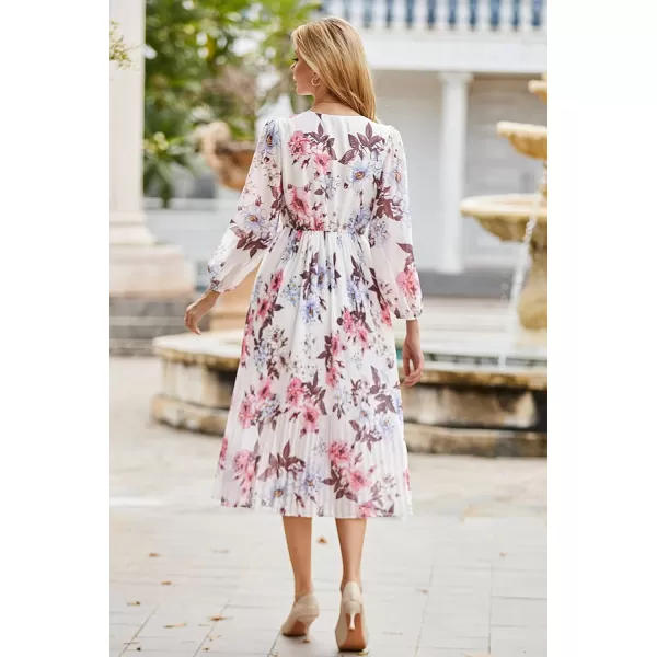 GRACE KARIN Womens 2023 Boho Floral Maxi Dress V Neck Long Sleeve Casual Ruffle Smocked Aline Pleated Flowy Beach DressWhite Floral