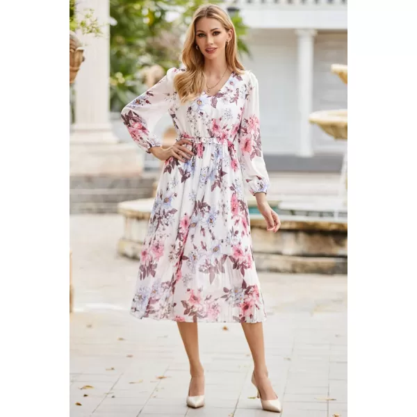 GRACE KARIN Womens 2023 Boho Floral Maxi Dress V Neck Long Sleeve Casual Ruffle Smocked Aline Pleated Flowy Beach DressWhite Floral