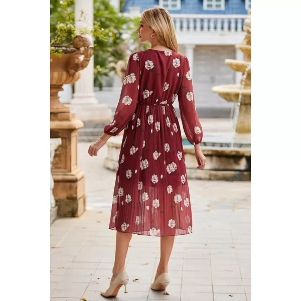 GRACE KARIN Womens 2023 Boho Floral Maxi Dress V Neck Long Sleeve Casual Ruffle Smocked Aline Pleated Flowy Beach DressWine Floral