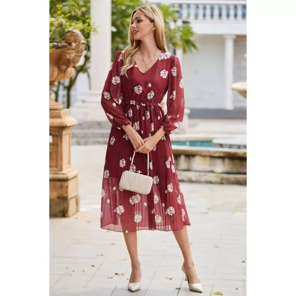 GRACE KARIN Womens 2023 Boho Floral Maxi Dress V Neck Long Sleeve Casual Ruffle Smocked Aline Pleated Flowy Beach DressWine Floral