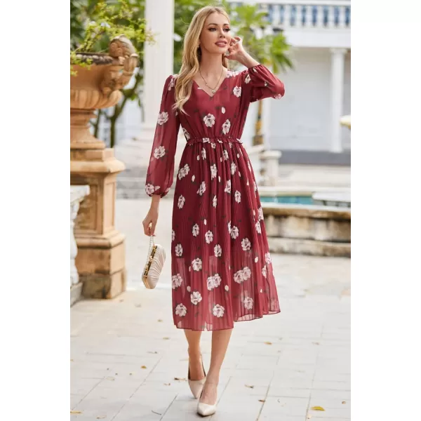 GRACE KARIN Womens 2023 Boho Floral Maxi Dress V Neck Long Sleeve Casual Ruffle Smocked Aline Pleated Flowy Beach DressWine Floral